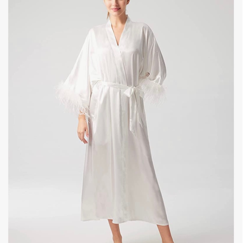 Satin Kimono Robe Long Bath Robe with Ostrich Feather Trim Sleepwear